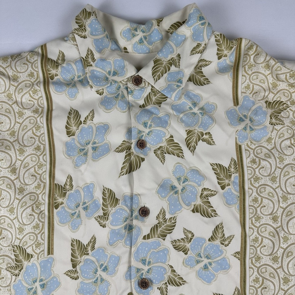 Tommy Bahama Shirt Mens XL Tan Blue Silk Hawaiian Floral Button Tropical Aloha